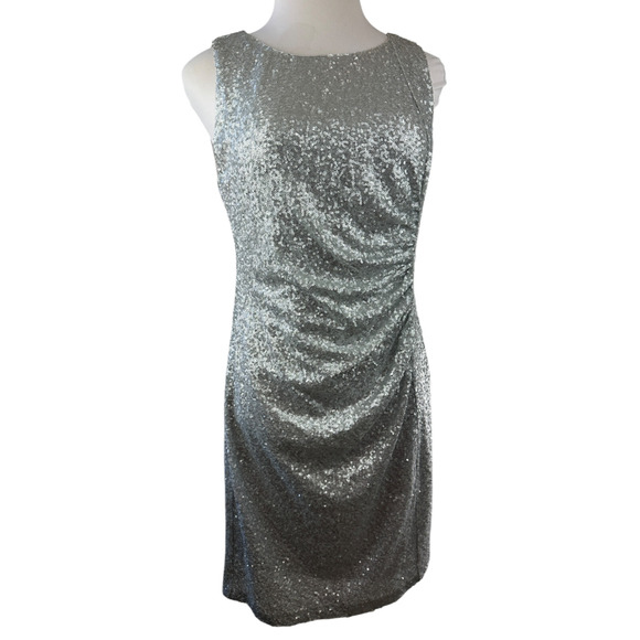 NWT Calvin Klein Sequin Ruched Sheath Shift Dress Silver Pleated Bodycon Size 14 - Picture 12 of 16